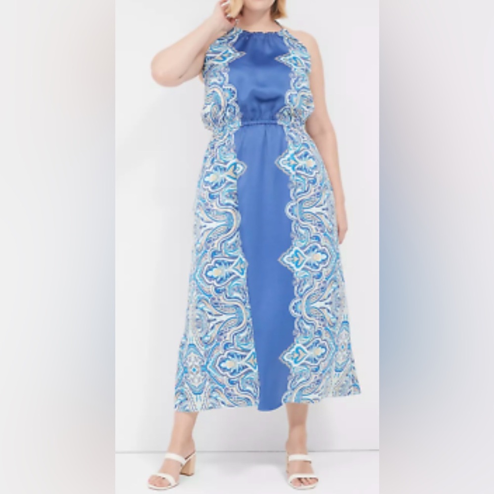 Lane Bryant Blue Mirrored Paisley Satin Halter Maxi Dress Size 18